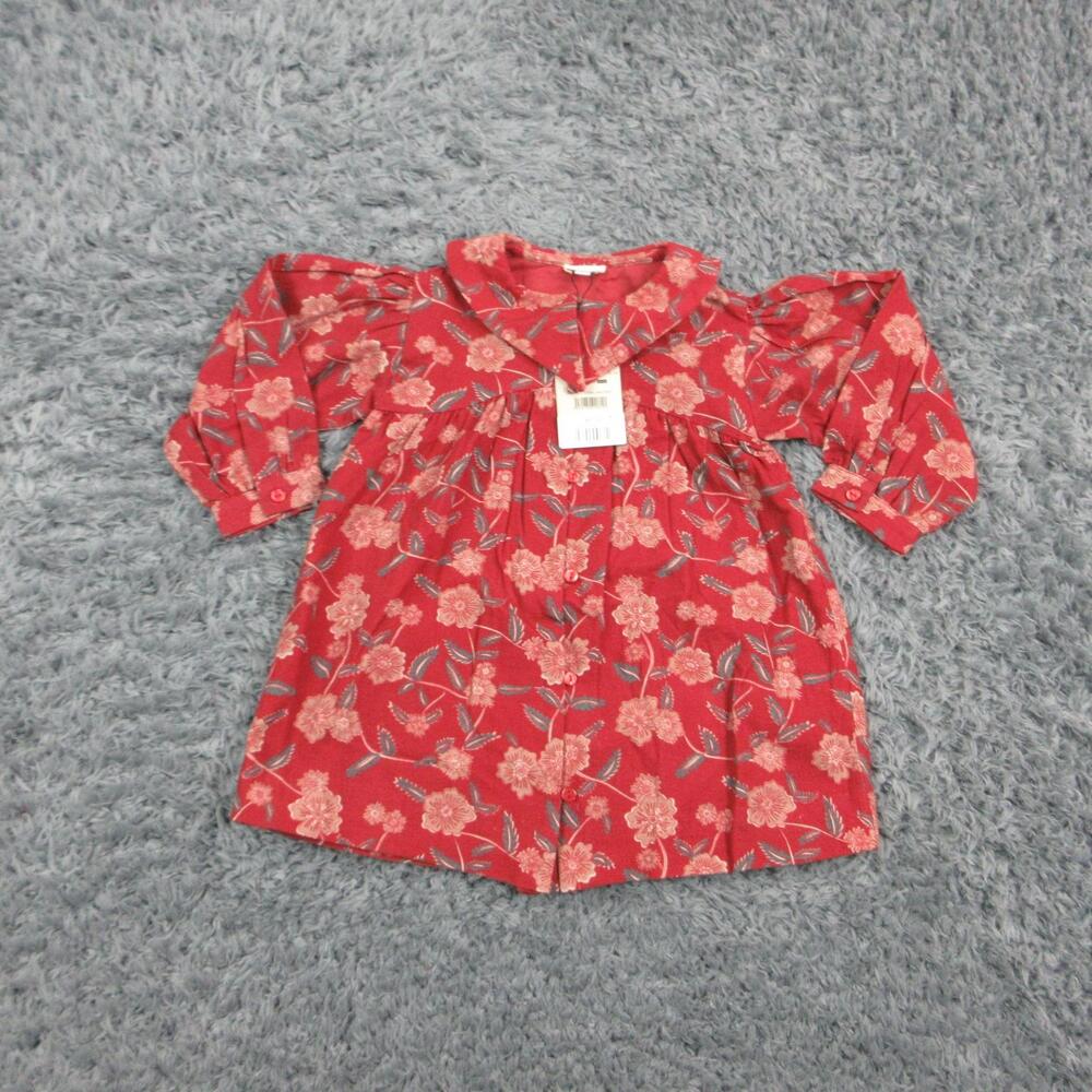 GOCCO Dress Girls 2T Red Floral Trapeze Swing Collared Button Long Sleeve NWT